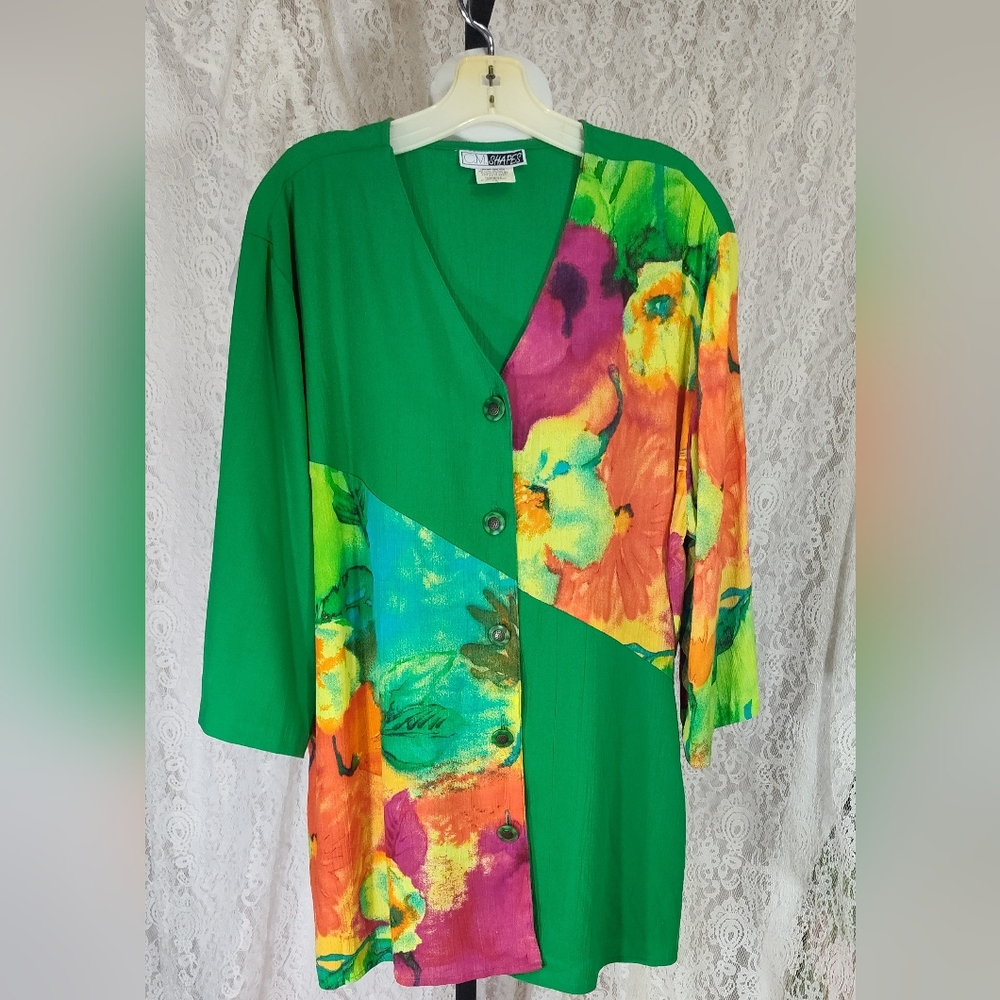 CM Shapes Vintage Green Floral Color Blocked Top Size 1X
